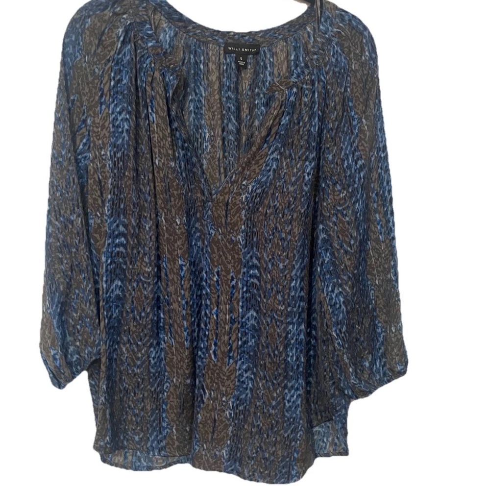 Willi Smith Shirt Womens Small V Neck 3/4 Sleeve Blouse blue/brown